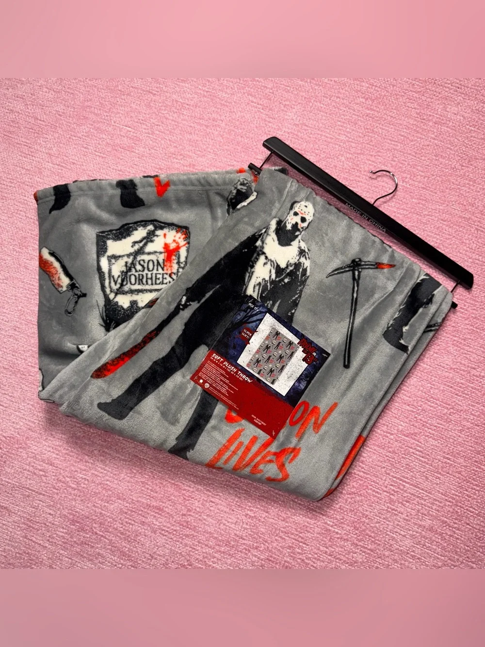Friday the 13th Jason Lives Horror Movie Plush Throw Blanket in Gray & Red 50x70
